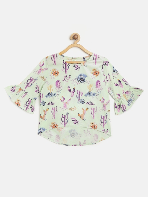 

YK Girls Mint Green & Purple Cacti Print High-Low Pure Cotton Top