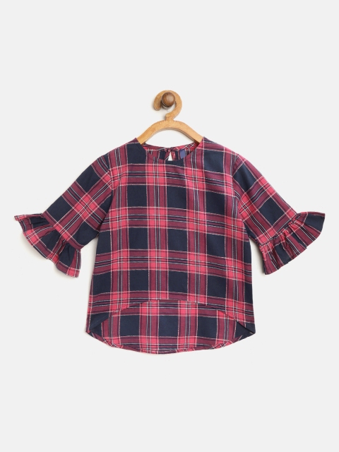 

YK Girls Navy Blue & Pink Checked High-Low Pure Cotton Top with Bell Sleeves