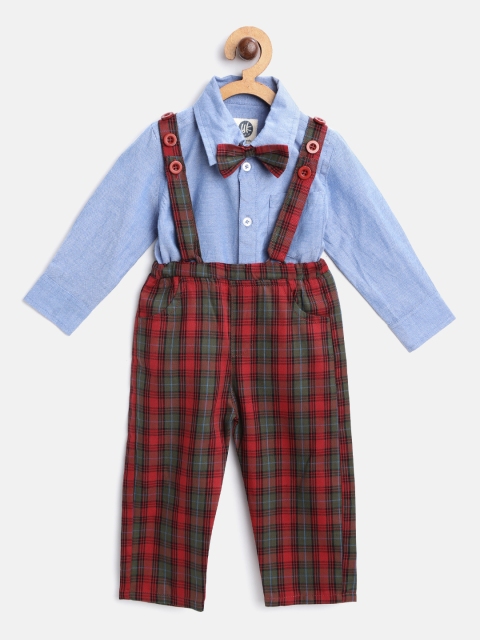 

YK Boys Blue & Red Solid Shirt with Self-Checked Trousers & Bow Tie