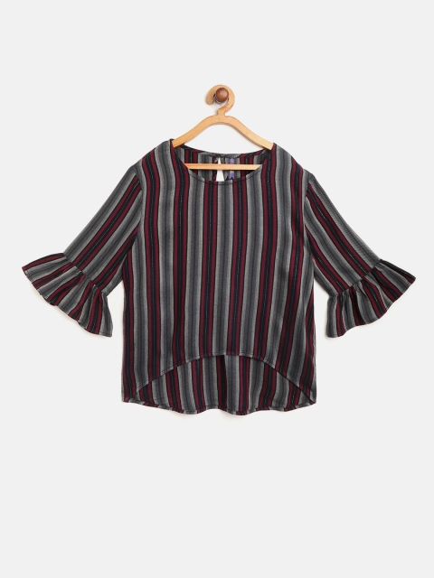 

YK Girls Navy Blue & Grey Self-Striped High-Low Pure Cotton Top
