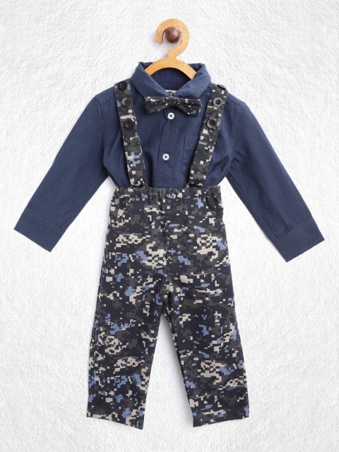 

YK Boys Navy Blue & Beige Solid Shirt with Trousers & Bow Tie