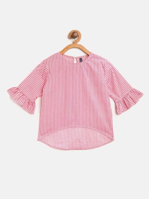 

YK Girls White & Pink Striped High-Low Pure Cotton Top
