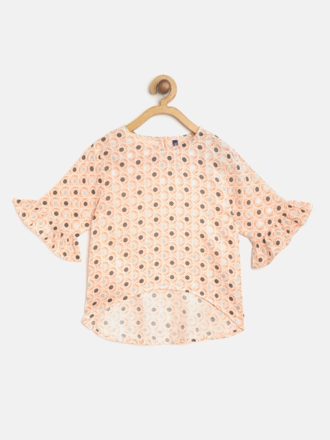 

YK Girls Peach-Coloured & Charcoal Grey Ethnic Geometric Print High-Low Top