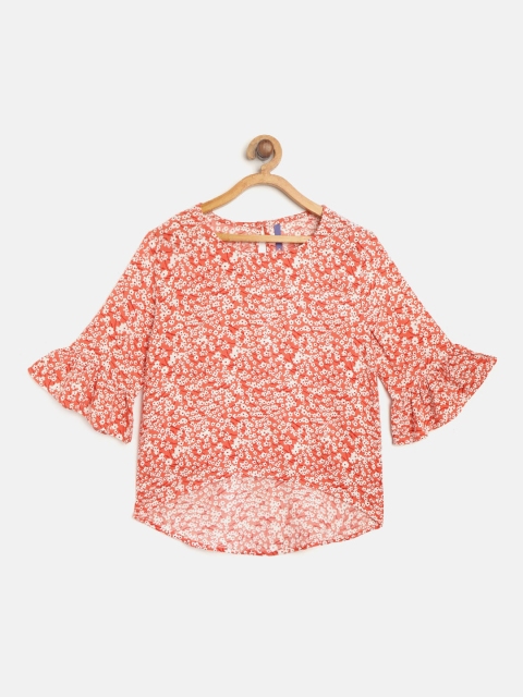

YK Girls Peach-Coloured & White Ditsy Floral Print High-Low Top
