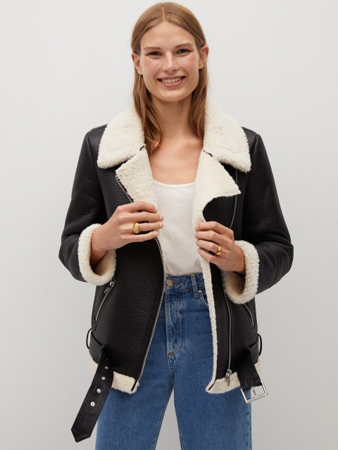 

MANGO Women Black Faux Fur Solid Asymmetric Closure Tailored Jacket
