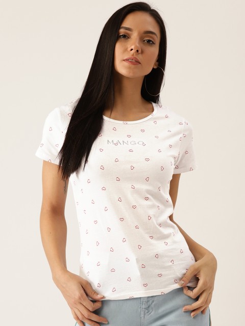 

MANGO Women White & Red Organic Cotton Heart Print Round Neck T-shirt