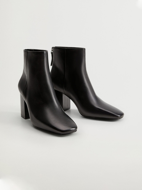 

MANGO Women Black Solid Leather Heeled Boots