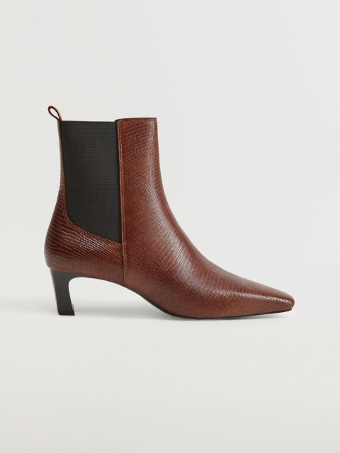 

MANGO Women Brown Snakeskin Textured Leather Heeled Chelsea Boots