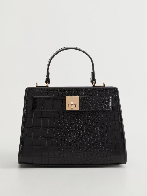 

MANGO Black Croc Textured Handheld Bag with Detachable Sling Strap