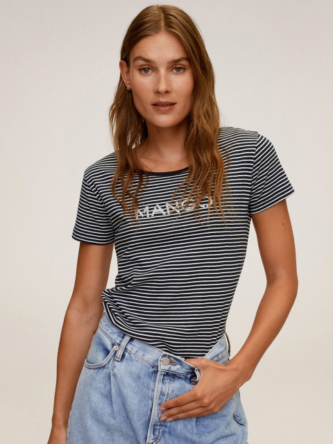 

MANGO Women Black & White Organic Cotton Striped Round Neck T-shirt