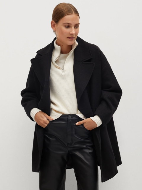 

MANGO Women Black Self-Design Double Breasted Longline Overcoat