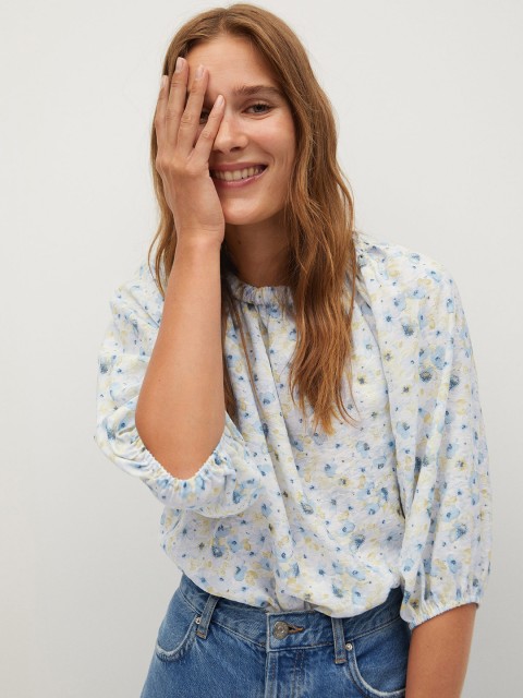 

MANGO Women White & Blue Floral Print Top