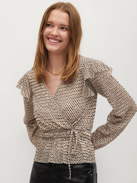 

MANGO Women Beige & Black Polka Dot Self Design Wrap Top with Ruffles