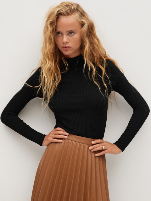 

MANGO Women Black Ribbed Fitted Top
