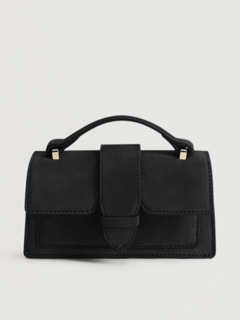 

MANGO Black Solid Leather Satchel Bag with Detachable Sling Strap