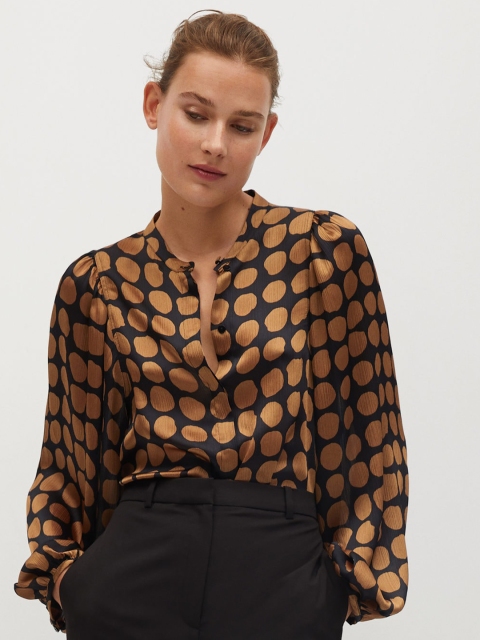 

MANGO Women Rust Brown & Black Circular Print Shirt Style Top