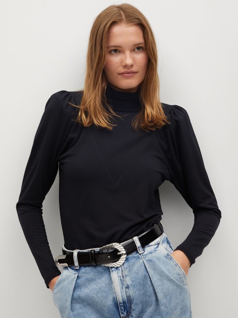

MANGO Women Black Puff Sleeves Solid Top
