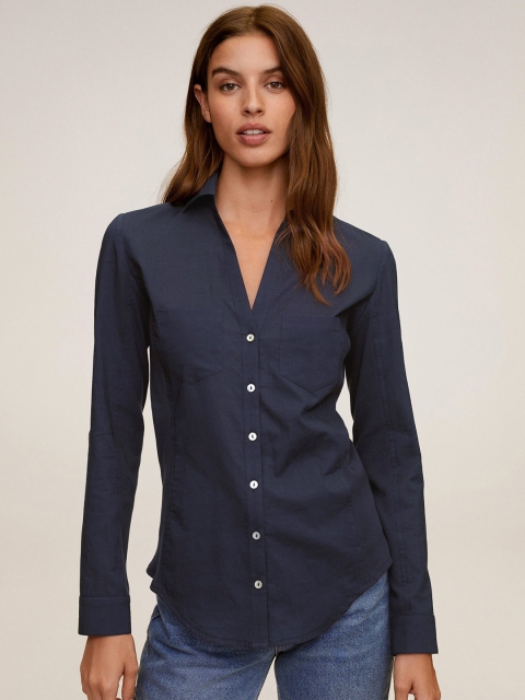 

MANGO Women Navy Blue Slim Fit Solid Casual Shirt