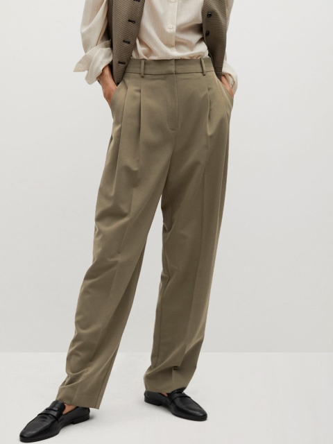 

MANGO Women Olive Green Straight Fit Solid High Rise Pleated Regular Trousers