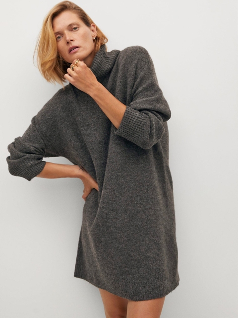 

MANGO Women Charcoal Grey Turtle Neck Solid Sweater Mini Dress