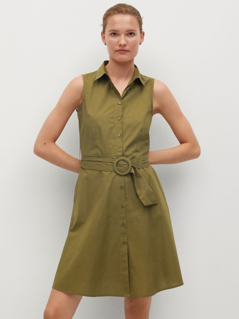 

MANGO Women Olive Green Solid Shirt Dress with Belt