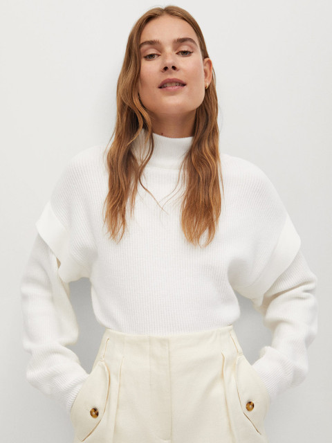 

MANGO Women White Ribbed Pullover
