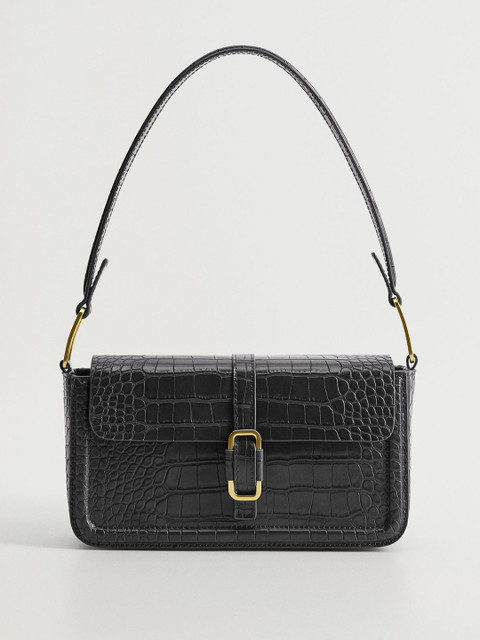

MANGO Black Croc-Textured Shoulder Bag