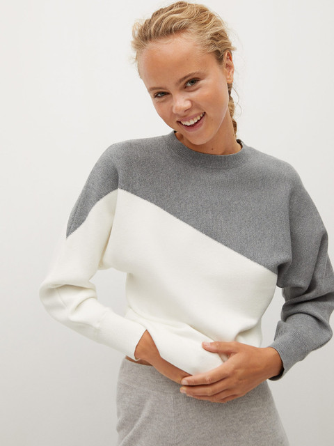 

MANGO Women White & Grey Colourblocked Pullover Sweater