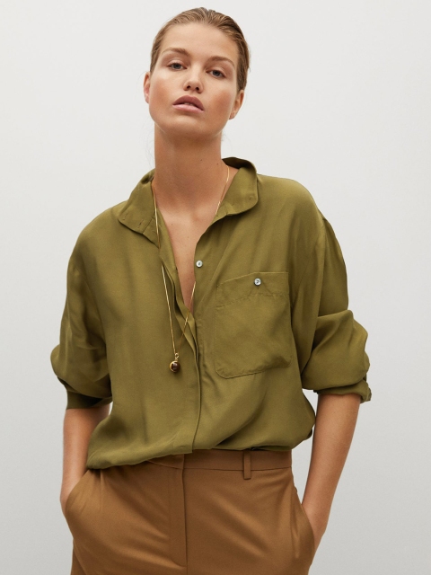 

MANGO Women Olive Green Regular Fit Solid Casual Shirt