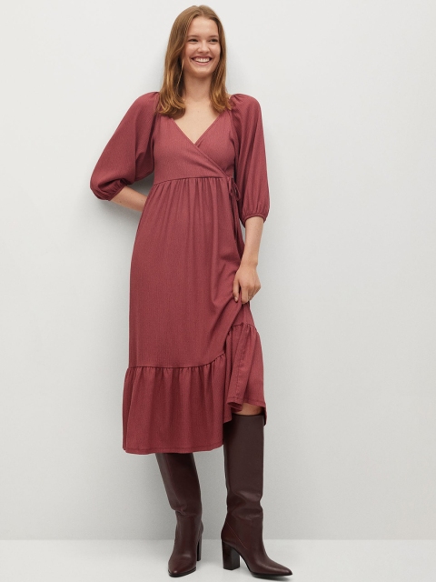 

MANGO Women Dusty Pink Solid Midi Wrap Dress