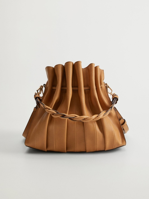 

MANGO Tan Brown Accordion Pleats Handheld Bag with Detachable Sling Strap