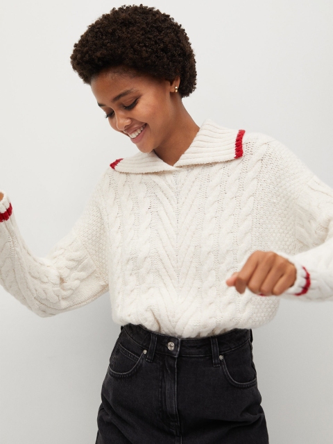 

MANGO Women Off-White Cable Knit Pullover
