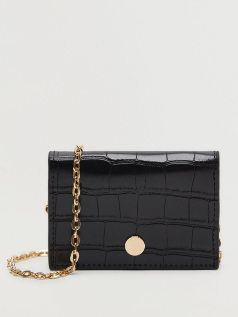 

MANGO Black Croc Textured Coin Purse with Sling Strap