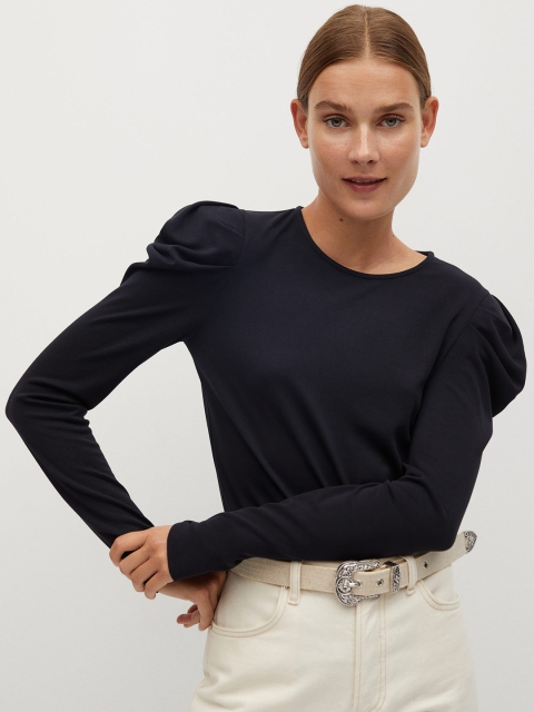 

MANGO Women Black Solid Round Neck T-shirt with Puff Sleeves