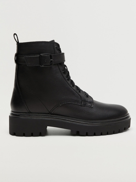 

MANGO Women Black Solid Leather Mid-Top Flat Boots
