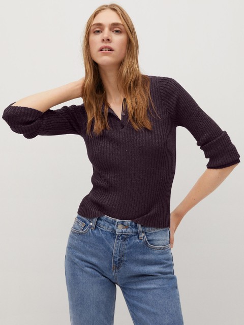 

MANGO Women Aubergine & Golden Shimmery Ribbed Polo Collar T-shirt, Purple