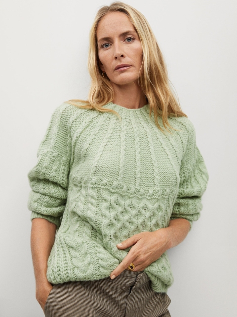 

MANGO Women Green Cable Knit Self Design Pullover