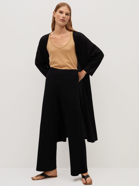 

MANGO Women Black Self-Striped Longline Open Front Shrug