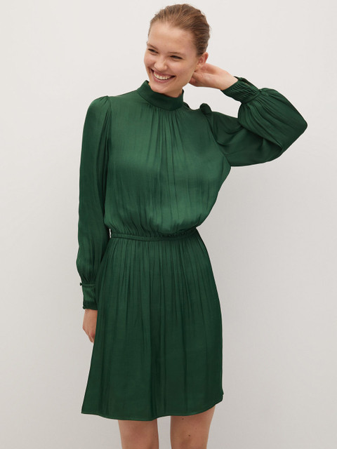 

MANGO Women Green Solid Pleated A-Line Dress