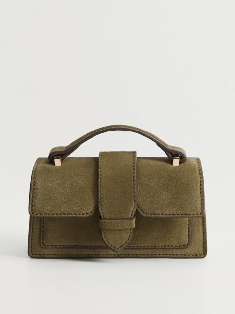 

MANGO Olive Green Solid Leather Small Satchel