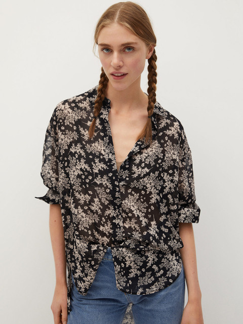 

MANGO Women Black & Off-White Sustainable Regular Fit Floral Print Semi-Sheer Casual Shirt