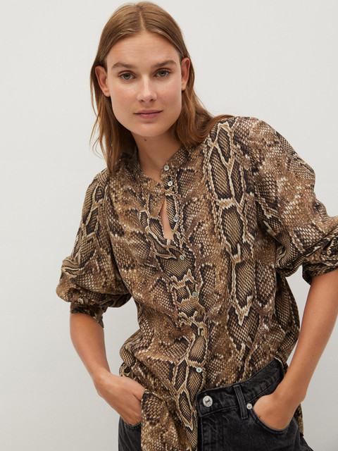 

MANGO Women Brown & Off-White Regular Fit Snakeskin Print Casual Shirt