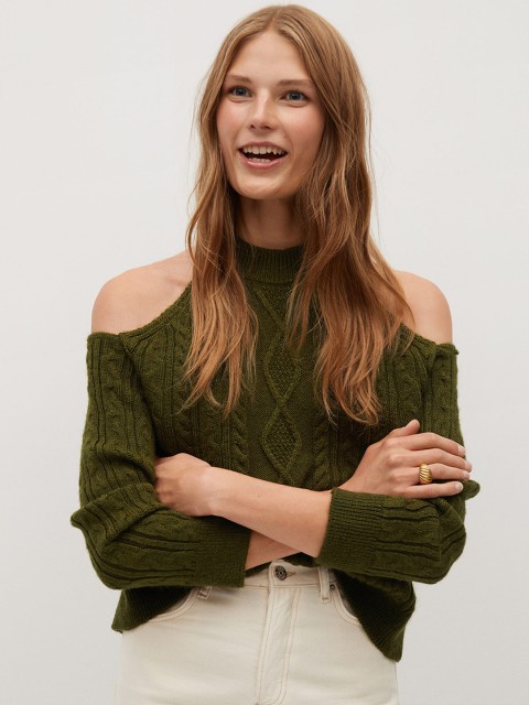 

MANGO Women Olive Green Cable Knit Cold-Shoulder Pullover