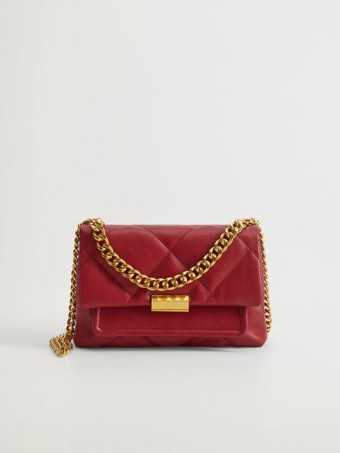 

MANGO Maroon Quilted Handheld Bag with Non-Detachable Sling Strap