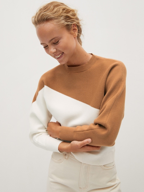 

MANGO Women White & Brown Colourblocked Pullover Sweater