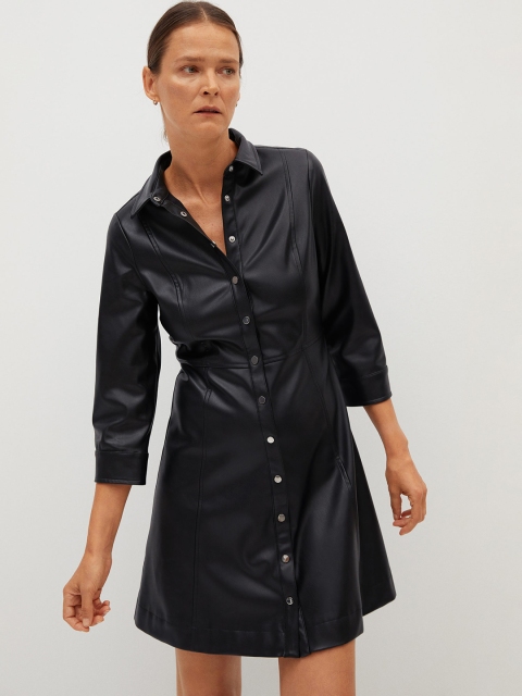 

MANGO Women Black Solid PU Coated Mini Shirt Dress