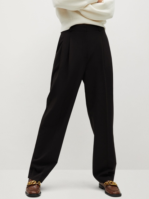 

MANGO Women Black Straight Fit Solid High Rise Pleated Regular Trousers