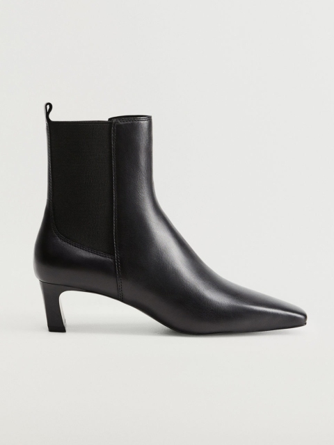 

MANGO Women Black Solid Mid-Top Leather Heeled Chelsea Boots