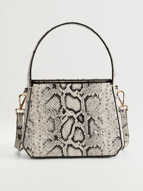 

MANGO Off-White & Black Snakeskin Textured Handheld Bag with Detachable Sling Strap