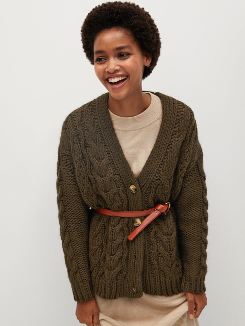 

MANGO Women Olive Green Cable Knit Cardigan